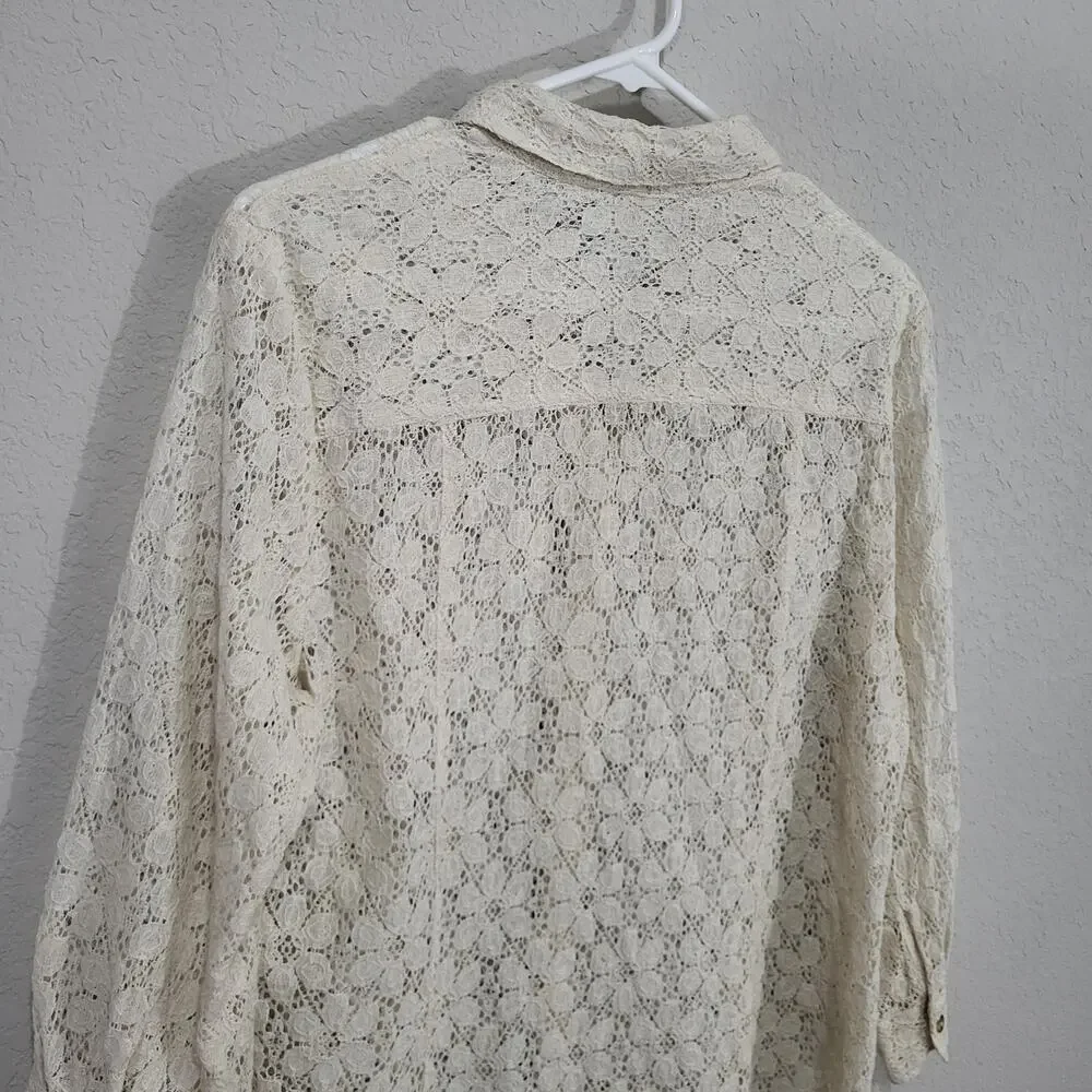 Coldwater Creek Lace Shirt Womens Large Cream Lace Summer Boho Coastal Cottage - Picture 11 of 12